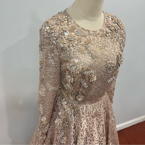 Mac Duggal Embellished Illusion Long Sleeve A line Gown In Mocha Pink - Reemoly - Picture 8 of 17